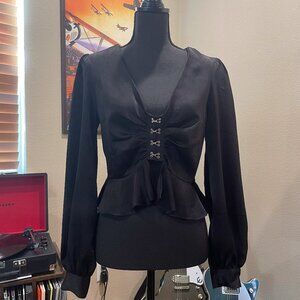 Forever 21 Black Satin Style Women's Front Clasp Peplum Blouse